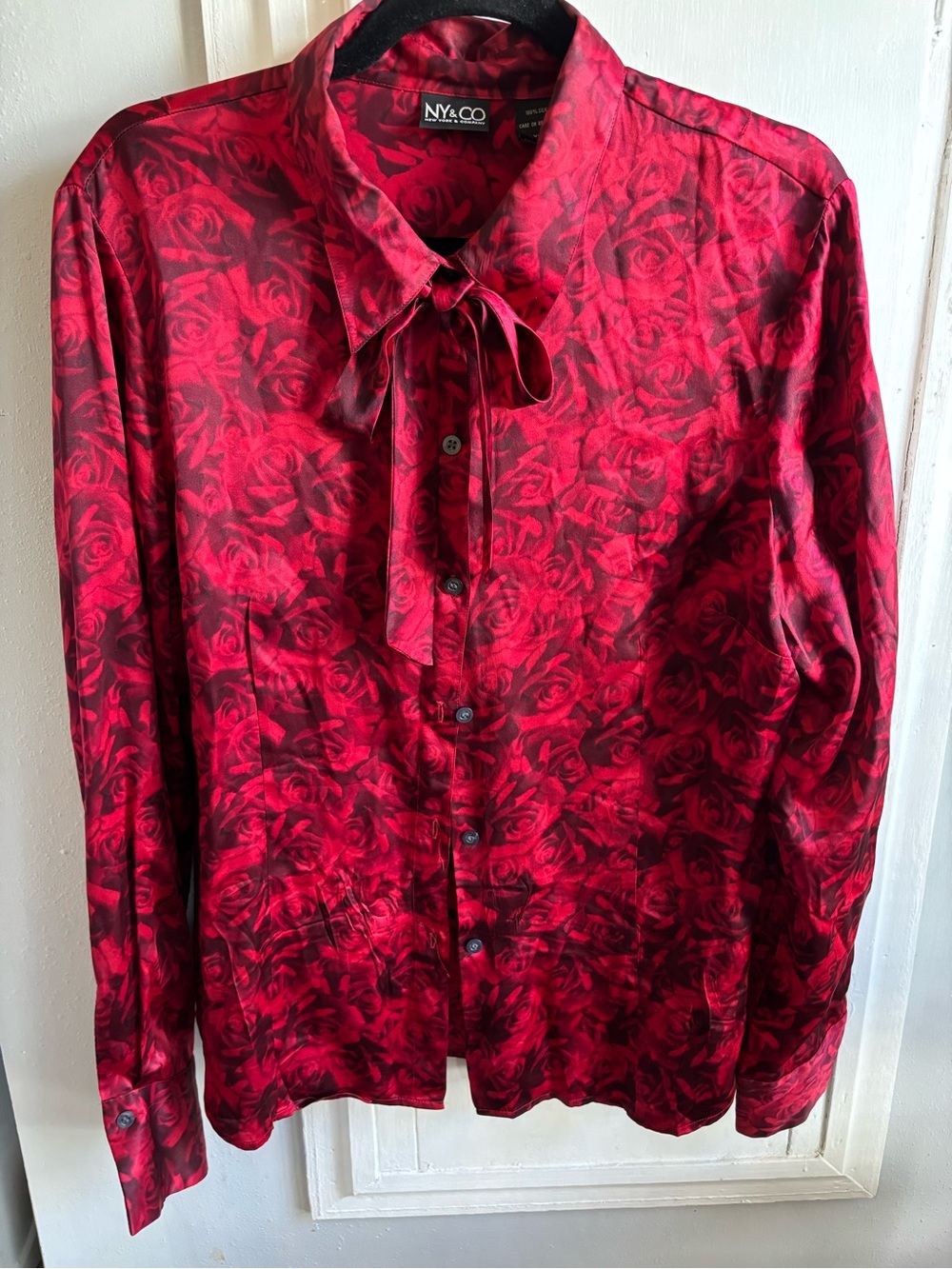 New York & Company Red Rose-Print Tie-Neck Button-Down 100% Silk Shirt